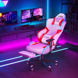 Gaming chair with red accents in a room with neon lights and computer monitors.
