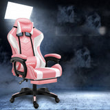 Pink and white gaming chair with 'LIKEREGAL' branding on a dark background