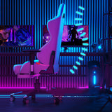Gaming chair in a futuristic room with neon lights