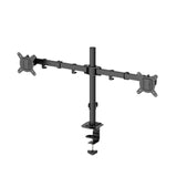Black dual monitor stand on a white background
