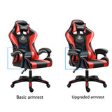 Two office chairs, one with a basic armrest and the other with an upgraded armrest, on a white background.