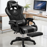 Black office chair with LIKEREAL branding in a home office setting. BLACK Front,