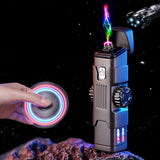 Butane lighter with colorful flame effect held by a hand against a space-themed background