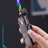 Hand holding a black lighter with colorful flame against a dark background