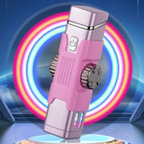 Pink and silver lighter with a colorful circular background