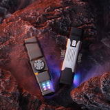 Two butane lighters on a textured surface with glowing elements